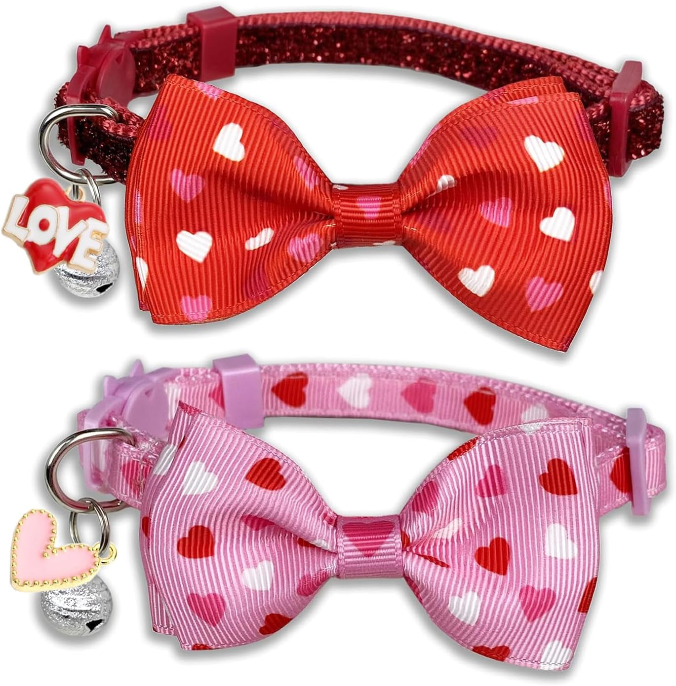 Valentine's Day Cat Collar with Bow Tie Bell & Charms Breakaway Heart Design Collar for Male and Female Cats