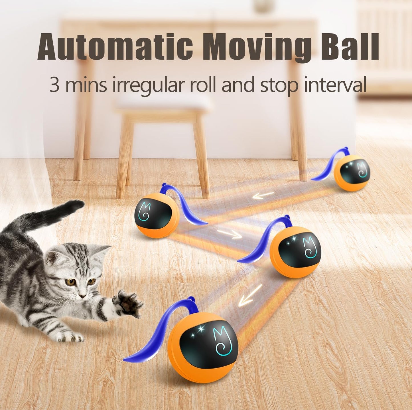 Interactive Cat Ball Toy Set, Fun Tracker, Automatic Rolling Chase Ball with Fluffy Tail, a Small Mice, Rechargeable（Orange）