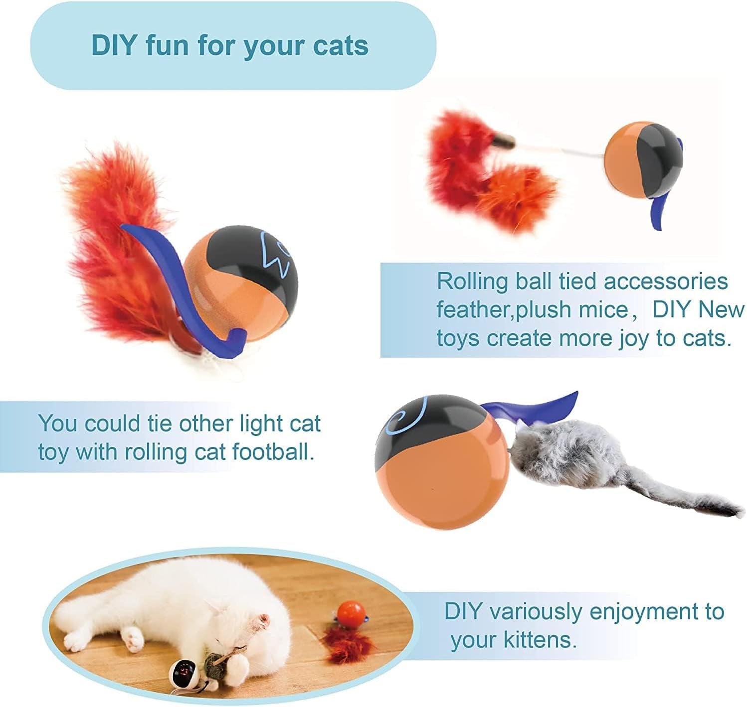 Interactive Cat Ball Toy Set, Fun Tracker, Automatic Rolling Chase Ball with Fluffy Tail, a Small Mice, Rechargeable（Orange）