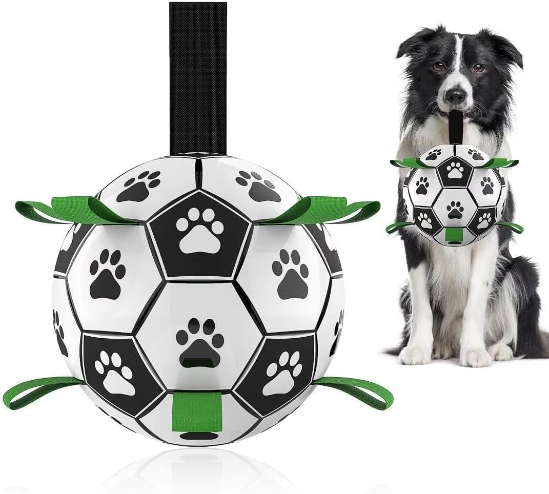 Durable 6” Dog Soccer Ball with Straps – Interactive Tug & Water Toy for Small & Medium Dogs - Perfect Puppy Birthday Gift & World Cup-Inspired Play