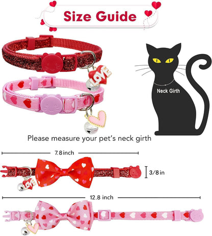 Valentine's Day Cat Collar with Bow Tie Bell & Charms Breakaway Heart Design Collar for Male and Female Cats