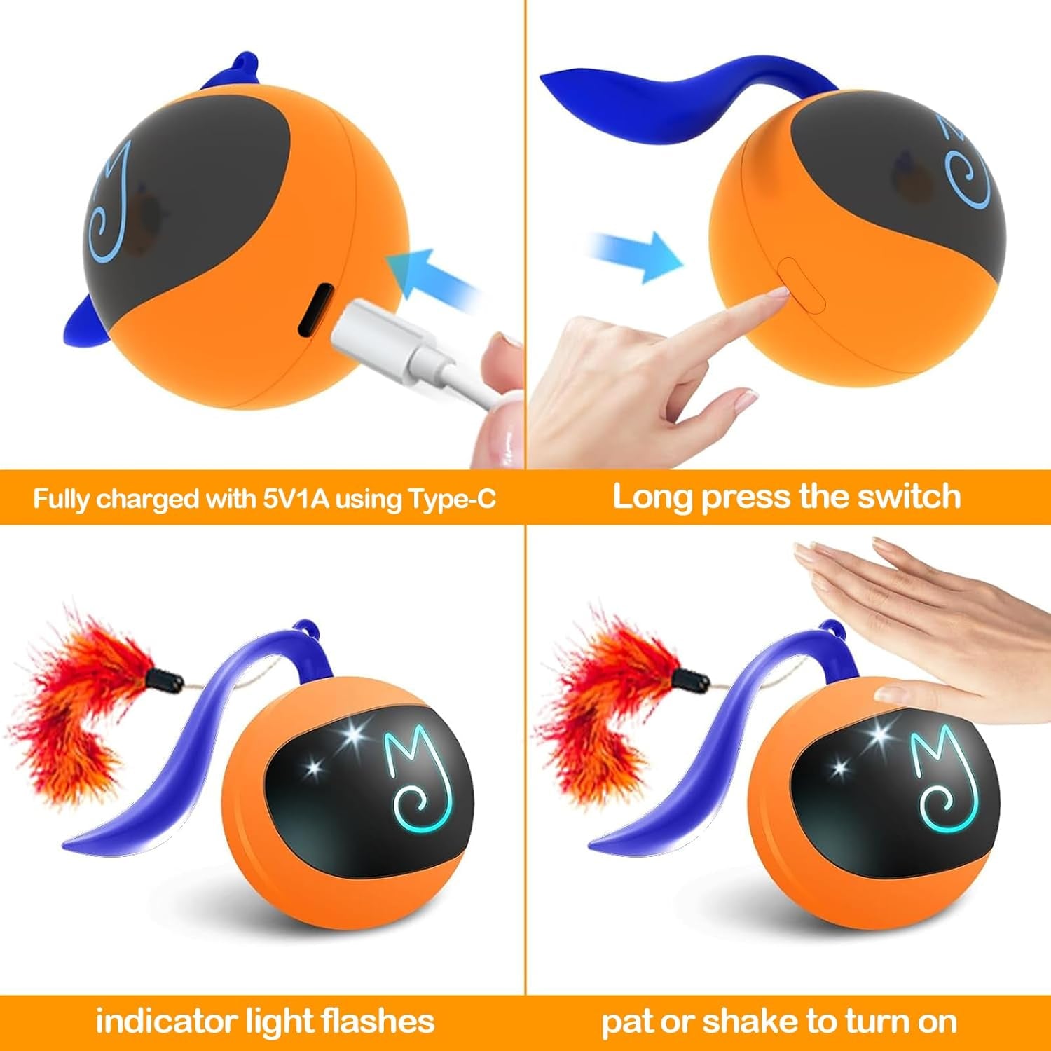 Interactive Cat Ball Toy Set, Fun Tracker, Automatic Rolling Chase Ball with Fluffy Tail, a Small Mice, Rechargeable（Orange）