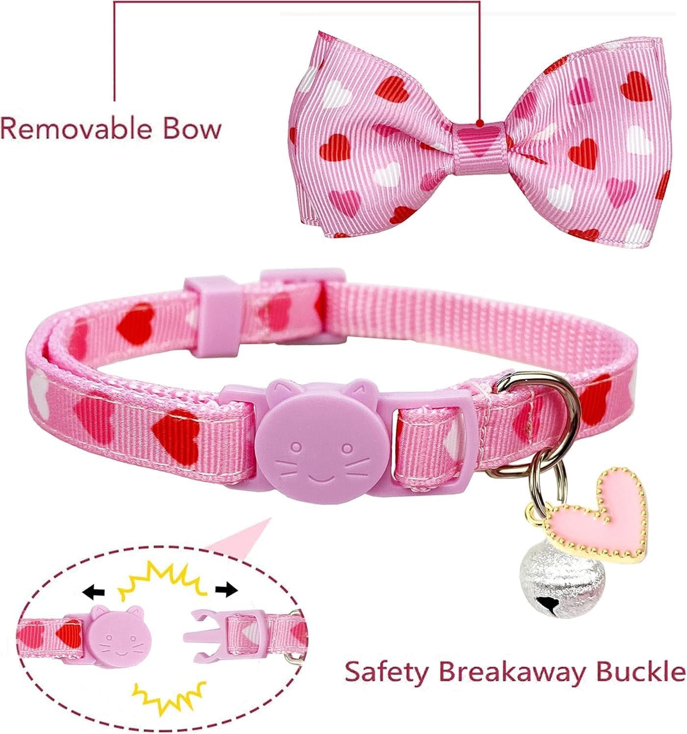 Valentine's Day Cat Collar with Bow Tie Bell & Charms Breakaway Heart Design Collar for Male and Female Cats