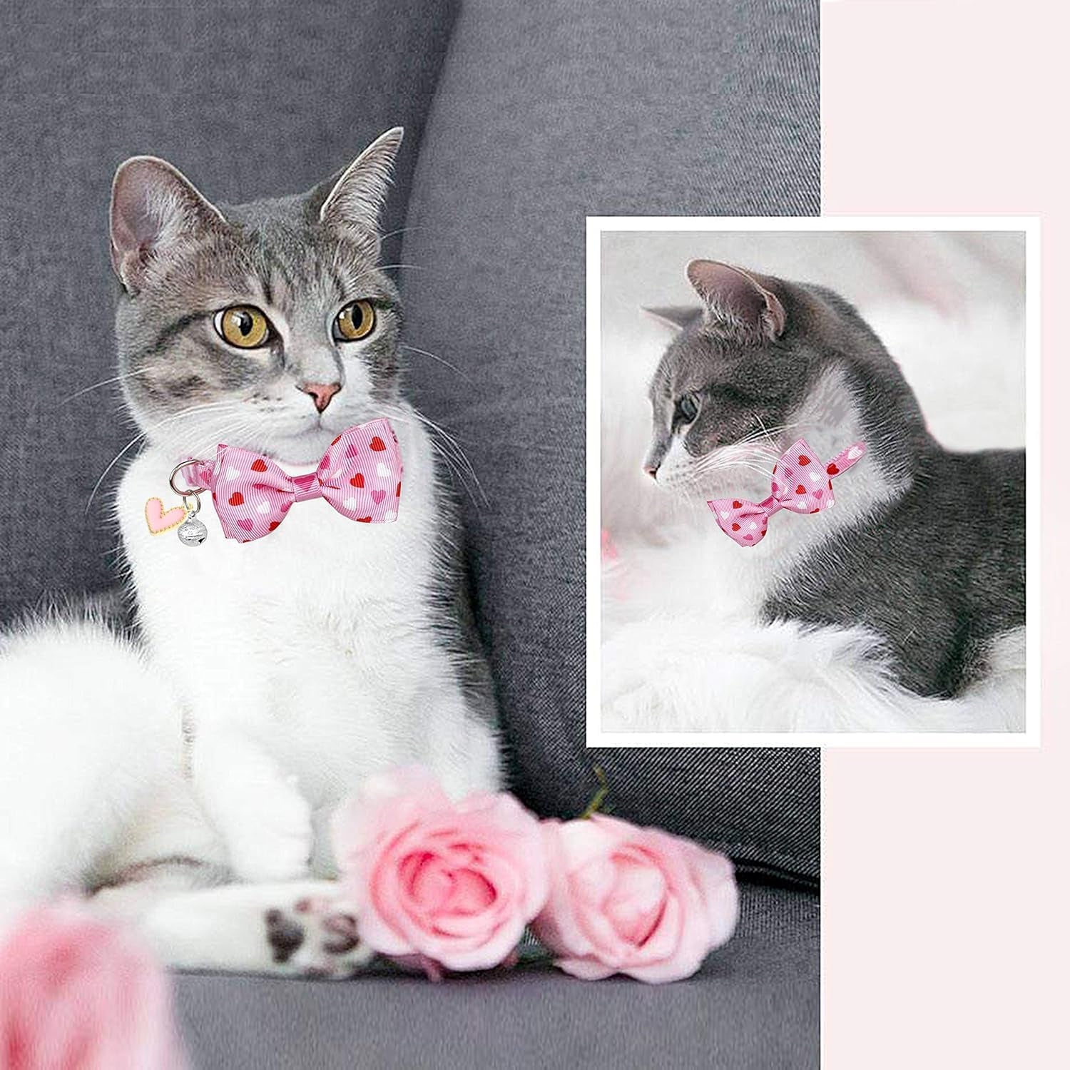 Valentine's Day Cat Collar with Bow Tie Bell & Charms Breakaway Heart Design Collar for Male and Female Cats