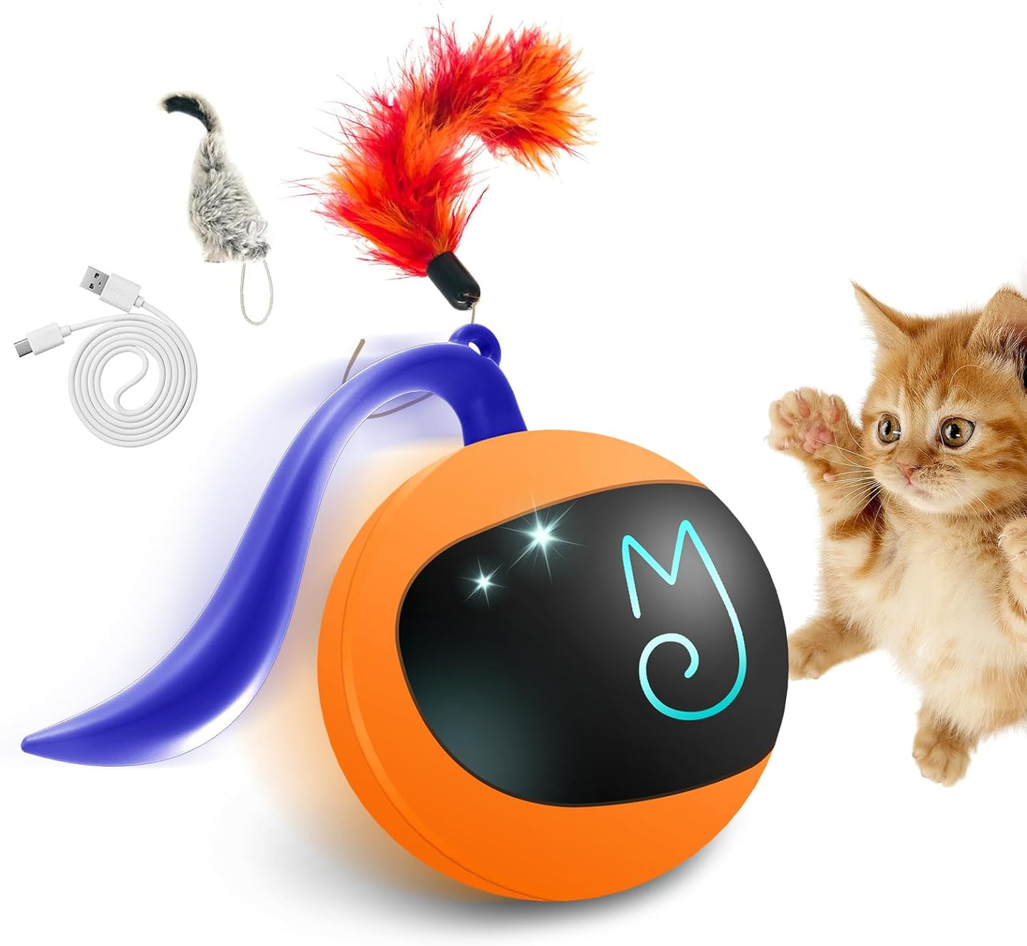 Interactive Cat Ball Toy Set, Fun Tracker, Automatic Rolling Chase Ball with Fluffy Tail, a Small Mice, Rechargeable（Orange）