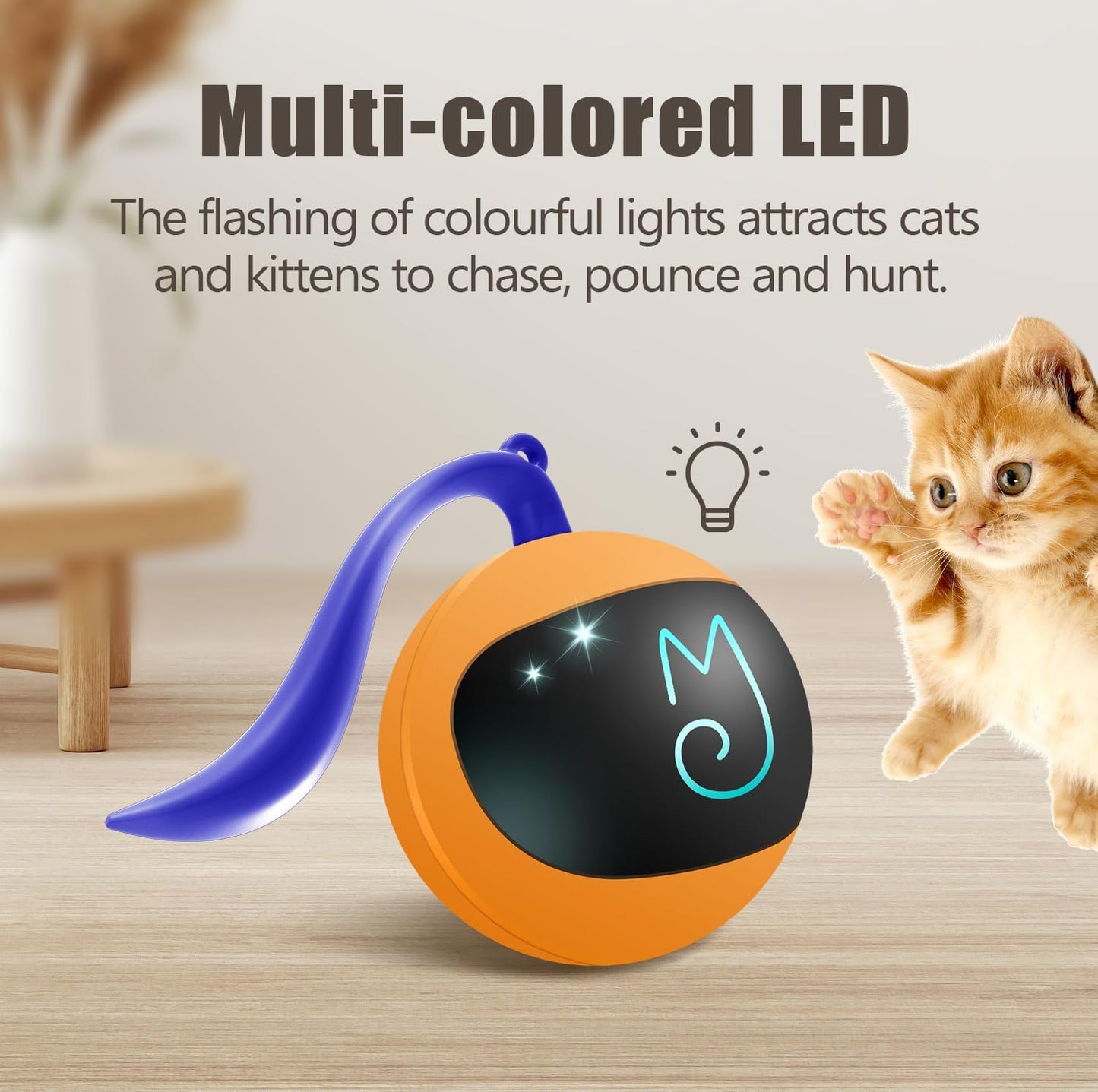 Interactive Cat Ball Toy Set, Fun Tracker, Automatic Rolling Chase Ball with Fluffy Tail, a Small Mice, Rechargeable（Orange）