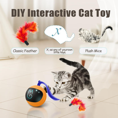 Interactive Cat Ball Toy Set, Fun Tracker, Automatic Rolling Chase Ball with Fluffy Tail, a Small Mice, Rechargeable（Orange）